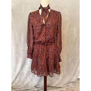 PAIGE Brown Paisley Tie-Neck Long-Sleeve Dress
